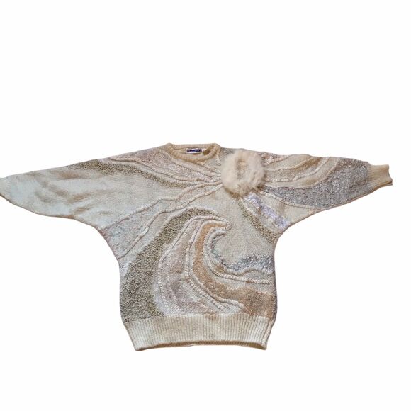 Vtg 80s Mariea Kim Sweater M Beige 3D Textured Applique Dolman Sleeve Artwork - Picture 2 of 9